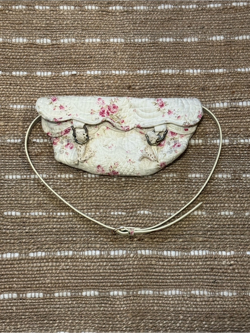 Quilted Floral Crossbody Bag in Cream with Pink Roses Vintage Style Belt Bag